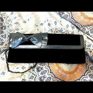 ALDO Vintage Suede Clutch with Metallic Leather Silver Bow and Trim